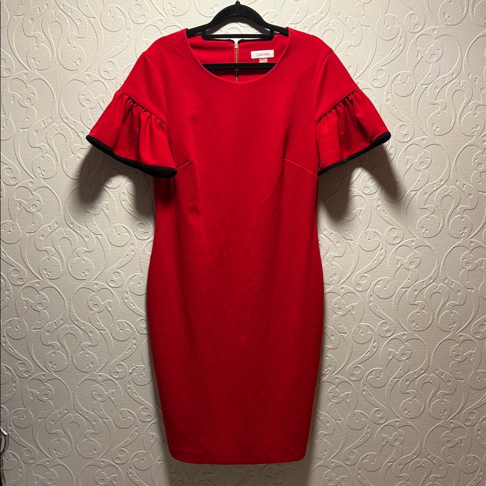 Calvin Klein Red Midi Dress with Ruffle Sleeves